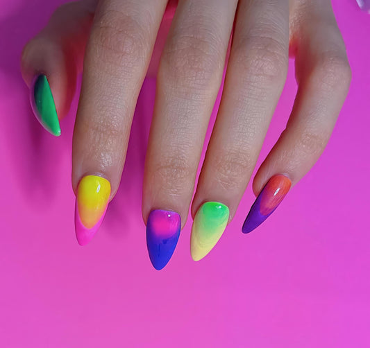 Neon Rainbow Ombre Press On Nails: Handmade Stiletto Nail Set