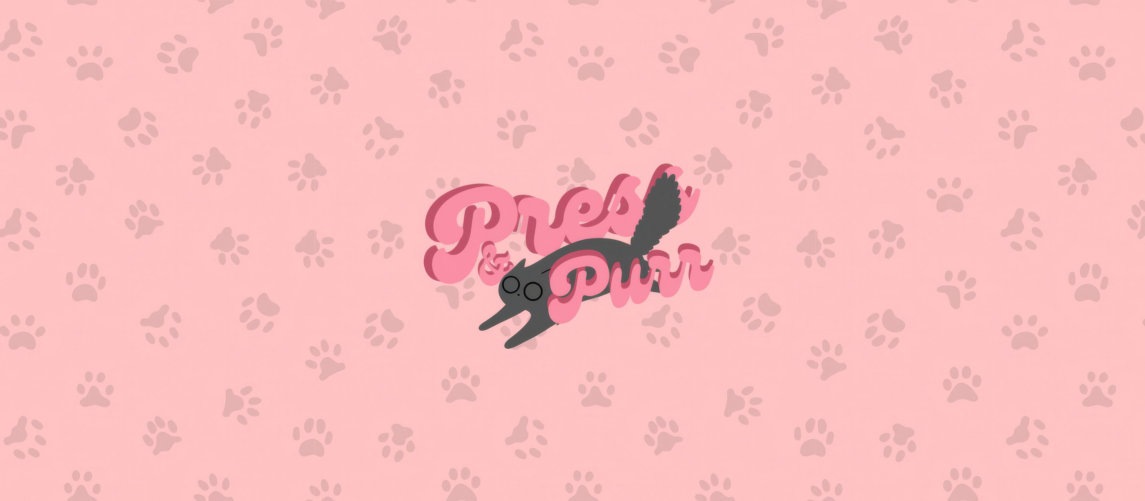 Pink background with paw prints and a logo featuring a cat silhouette.